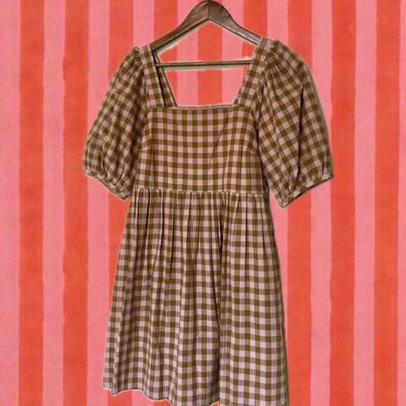 Madewell Pink and Olive Green Gingham Plaid Mini Babydoll Puff Sleeve Dress - Picture 2 of 9